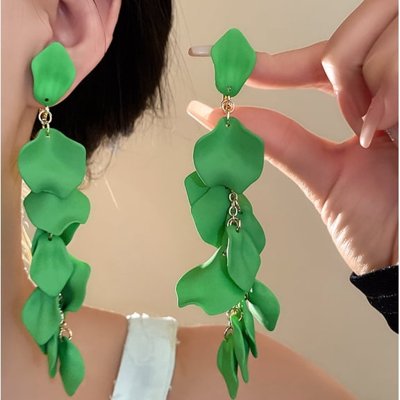 Clip on 5 1/4" XXlong gold chain green petal dangle earrings