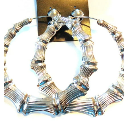 Clip-on Bamboo Hoop Earrings Large 3.5 inch Silver Tone Hoop Earrings