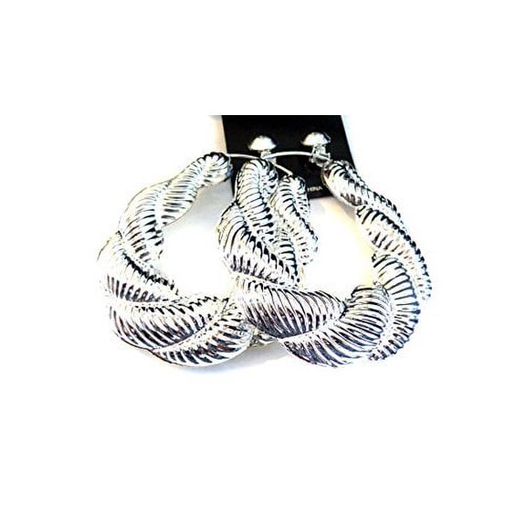 Clip-on Bamboo Twist Rope Silver tone Hoop Earrings