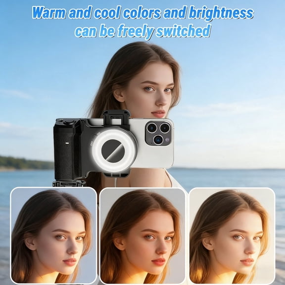 Clip-on Bluetooth Camera Grip with Ring Light for Smartphone, Portable Wireless Remote Stabilizer Handle for iPhone & Android, Compact Handheld Selfie Grip for Photography & Vlogging.