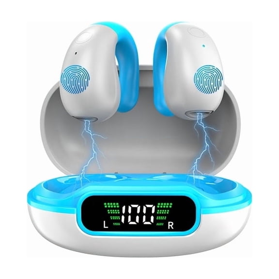 Clip-on Bone Conduction Earphones, 48H Playtime & LED Charging Case. ANC, Hi-Fi Mic, Touch Control, Compatible with iOS & Android Devices