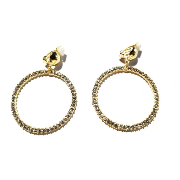 Clip-on Crystal Hoop Earrings Circle Gold Tone Hoops 2 inch