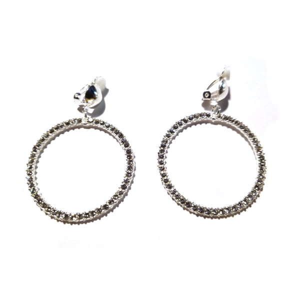 Clip-on Crystal Hoop Earrings Circle Silver Tone Hoops 2 inch Hoop Non Pierced
