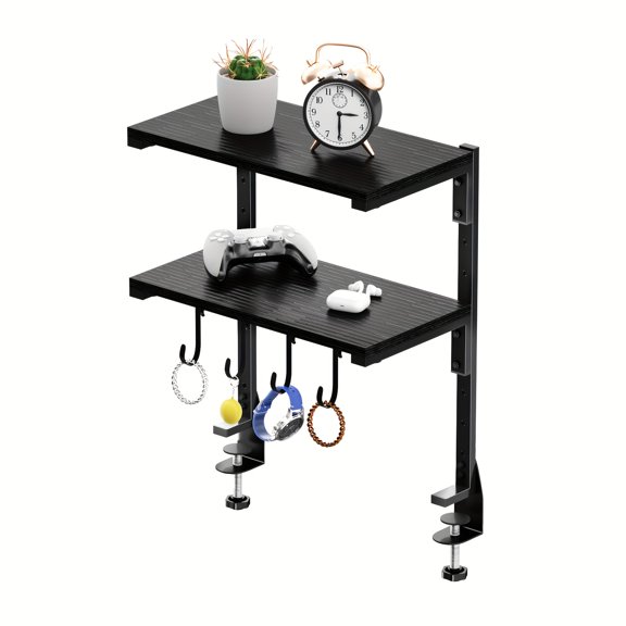 Clip-on Desktop Organizer, Metal Desktop Extension Side Table, 13-inch Clip-on Storage Shelf for Above or Below Desk Surface, 2-Tier Adjustable Desktop Extension Rack for Desktop Accessories
