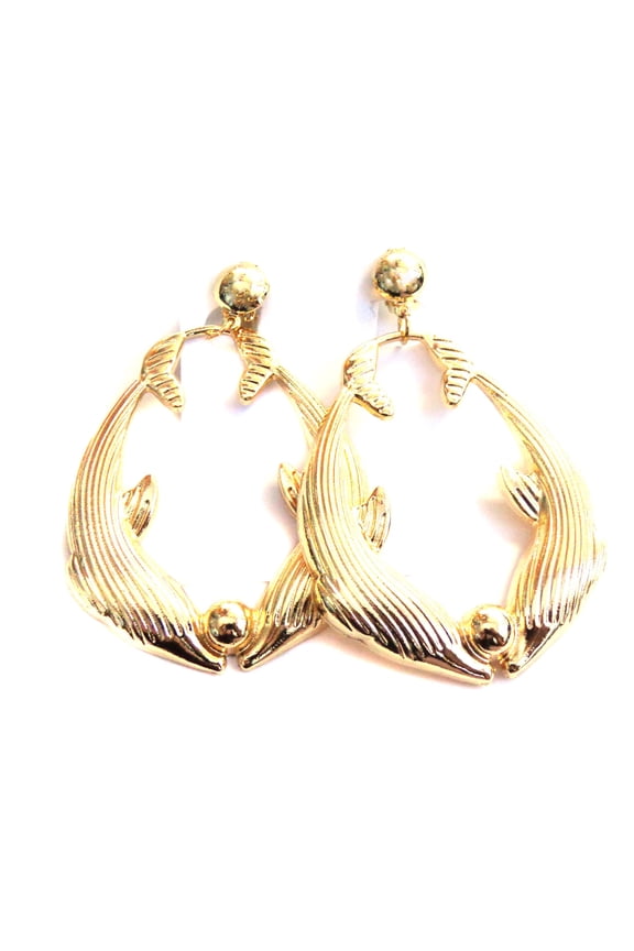 Clip-on Dolphin Hoop Earrings Dolphin Kissing Large 2.5 inch Clip Hoops