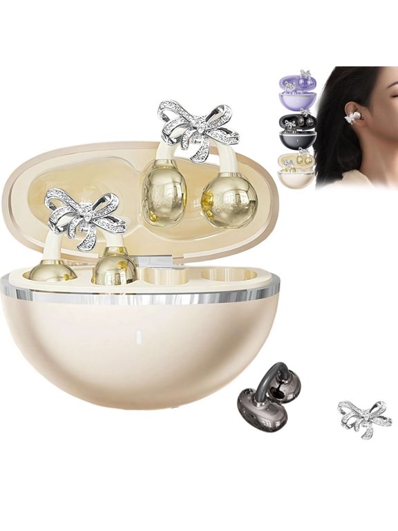 Clip-on Earbuds with Detachable Bow Earrings,Open-Ear Wireless Bluetooth 5.4 Headphones with Mic, Comfortable Fit & 72H Playtime Jewelry-Inspired Headphones for Women Gifts,Sports & Workouts