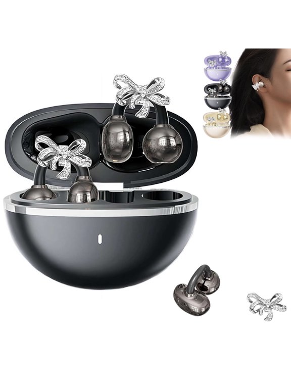 Clip-on Earbuds with Detachable Bow Earrings,Open-Ear Wireless Bluetooth 5.4 Headphones with Mic, Comfortable Fit & 72H Playtime Jewelry-Inspired Headphones for Women Gifts,Sports & Workouts