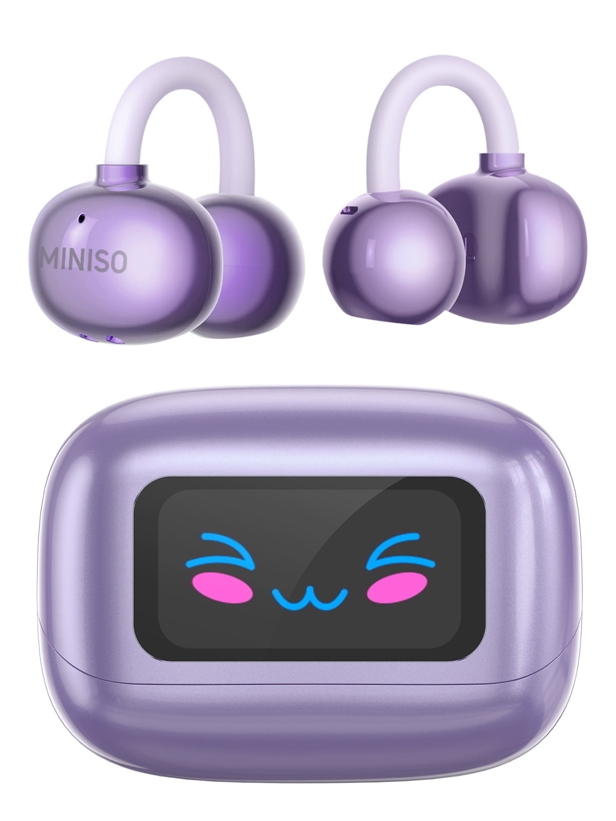 Clip-on Earbuds, Miniso MS199 AI Real-Time Translation Wireless, Open Ear Bluetooth 5.4, 130+ Languages, IPX5 Waterproof for Travel/Gym,With LED Touch Screen,Type-C Fast Charge, Purple