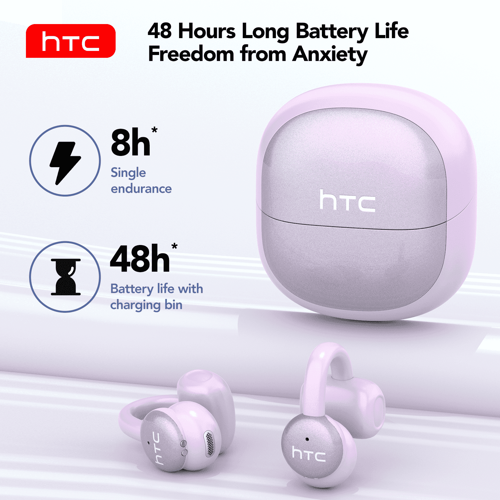 Clip-on Earbuds, NE15 AI Real-Time Translation Wireless, Open Ear Bluetooth 6.0, 130+ Languages, IPX5 Waterproof for Travel/Gym,Type-C Fast Charge, Purple