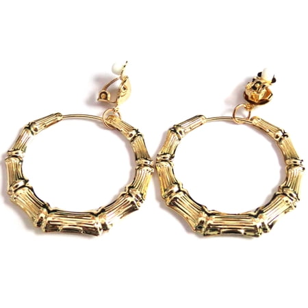 Clip-on Earrings 2 inch Bamboo Plated Gold Tone Hoops Lightweight