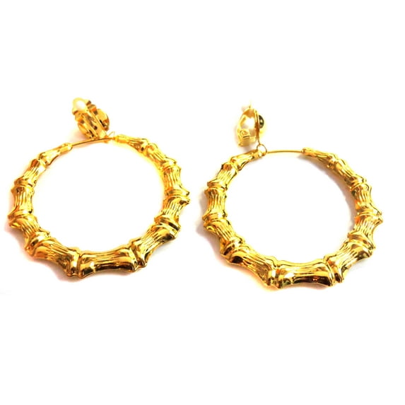 Clip-on Earrings Bamboo Hoop Earrings Gold Tone 2.5 inch Hoops