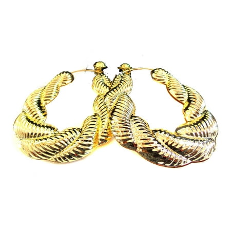 Clip-on Earrings Bamboo Puffed Rope Hoop Earrings Gold Tone Large