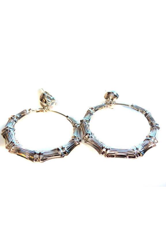 Clip-on Earrings Bamboo Silver Tone Hoop Earrings 2 inch Hoops Lightweight