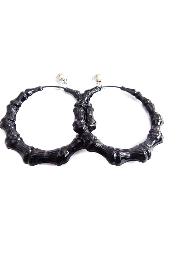 Clip-on Earrings Black Bamboo Hoop Earrings 3 inch Hoops