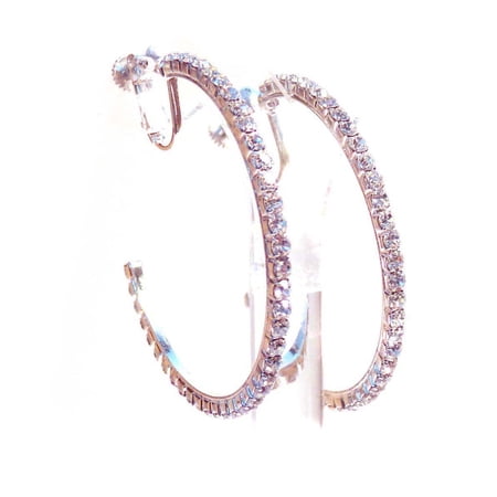 Clip-on Earrings Crystal Hoop Earrings Silver Rhodium Rhinestone Hoops 2 inch Non Pierced