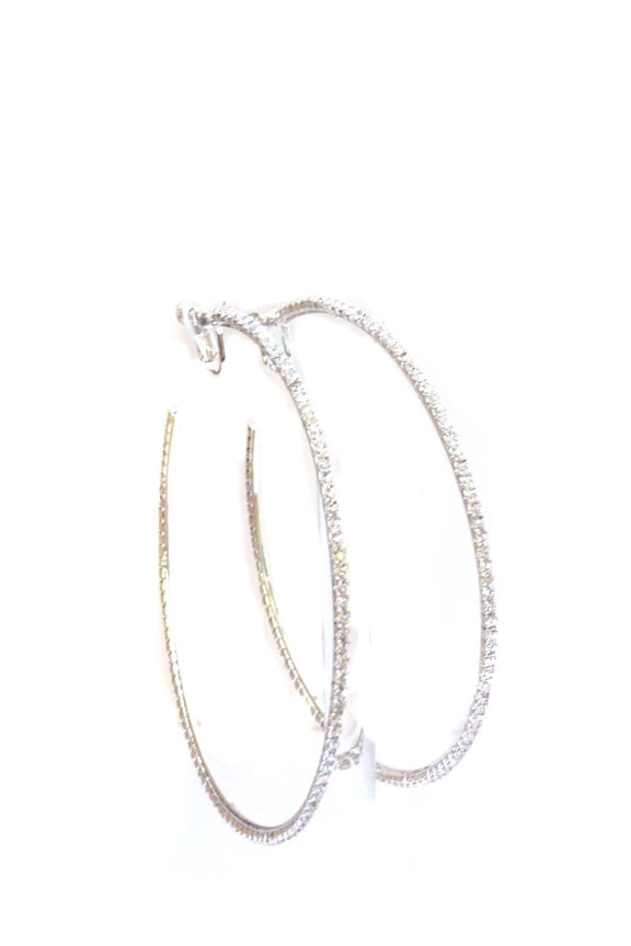 Clip-on Earrings Crystal Rhinestone 3.5 inch Rhodium Silver Tone Hoop Earrings Large
