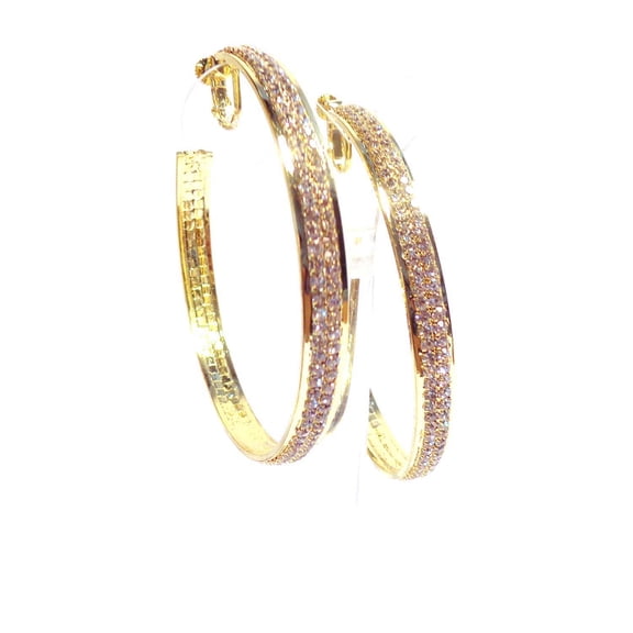 Clip-on Earrings Fancy Hoop Rhinestone Lined Thick Gold Tone Hoop Earrings 2.5 inch