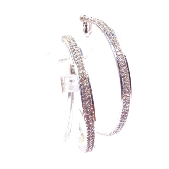 Clip-on Earrings Fancy Hoop Rhinestone Lined Thick Silver Tone Hoop Earrings 2.5 inch