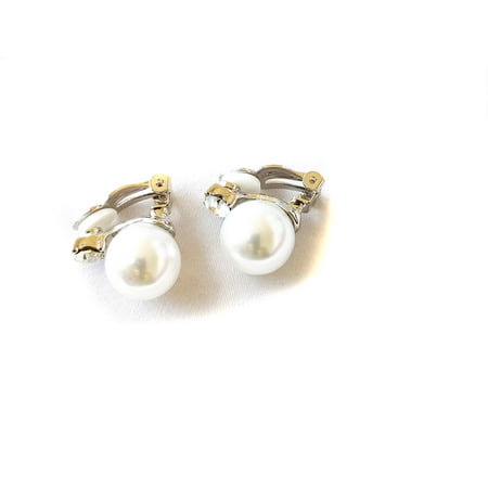 Clip-on Earrings Faux Pearl Silver Back with Crystal Accent Ball Pearl Clip
