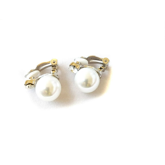 Clip-on Earrings Faux Pearl Silver Back with Crystal Accent Ball Pearl Clip