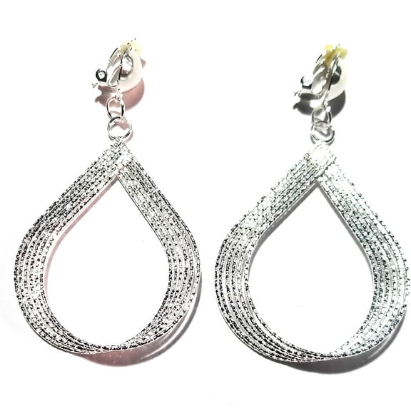 Clip-on Earrings Frosted Teardrop Hoop Earrings Large Silver Tone 3 inch L