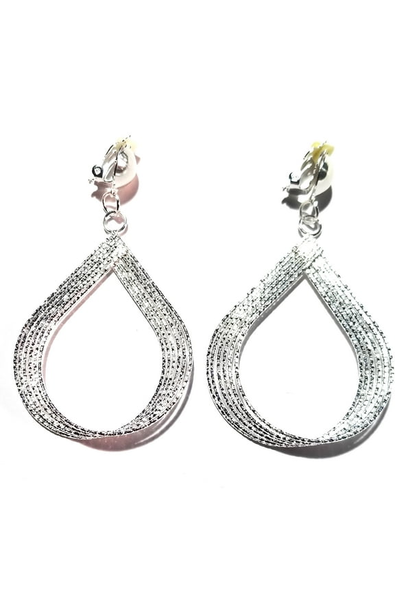 Clip-on Earrings Frosted Teardrop Hoop Earrings Large Silver Tone 3 inch L