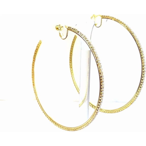 Clip-on Earrings Gold Tone Rhinestone Hoop Earrings 4 Inch Crystal Hoop Earrings[i888]