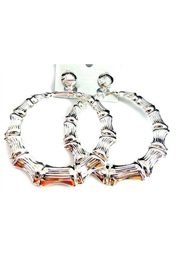 Clip-on Earrings Large Bamboo Hoop Earrings Silver Tone 3 inch