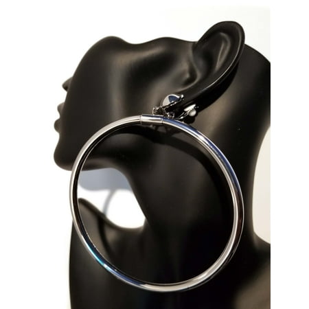 Clip-on Earrings Large Silver Tone Plated 3.5 inch Hoop Earrings Dangle Pipe Hoops