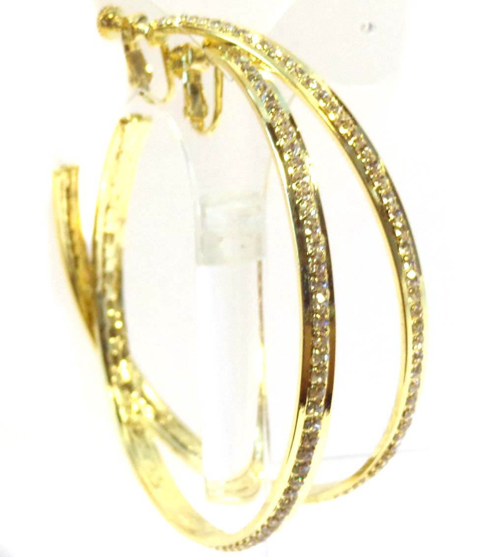 Clip-on Earrings Lined Crystal Hoop Earrings Gold Tone 3 inch Hoops ...