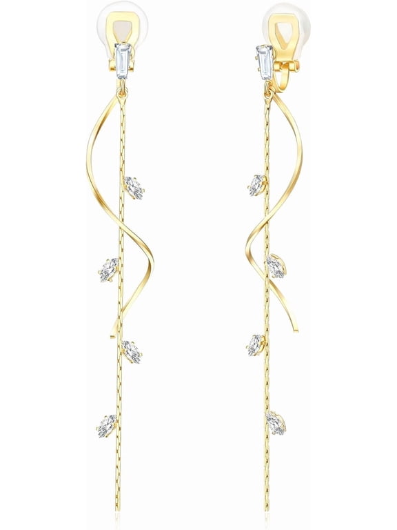 Clip on Earrings Non Pierced for Women - Long Tassel Drop Dangle Clip Earrings - Cubic Zirconia Leaf Earrings for Women Gold Wedding Jewelry Gifts