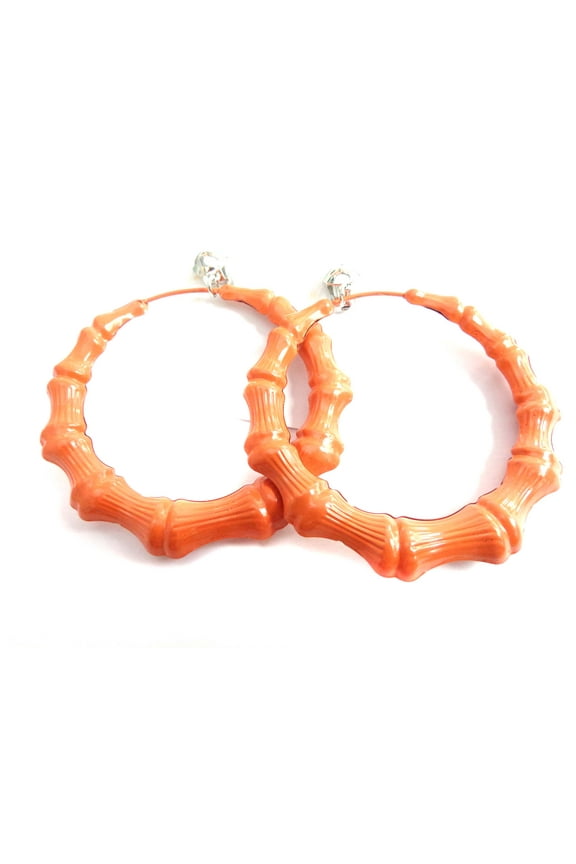 Clip-on Earrings Orange Bamboo Hoop Earrings 3 inch Orange Hoops
