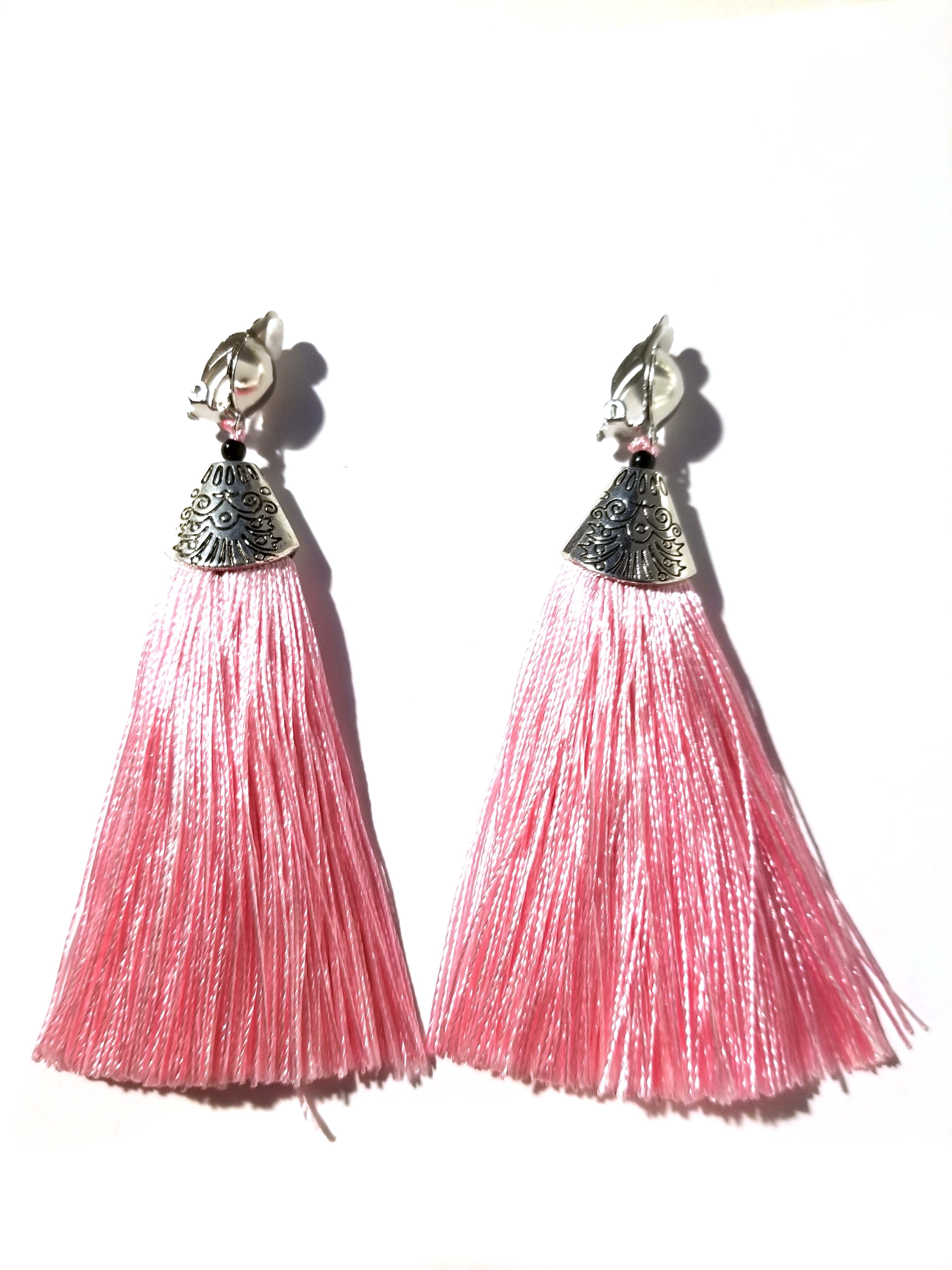Clip-On Fringe Dangle Earrings – 4” Long Lightweight Assorted Colors, Silver Tone, No Piercing Needed