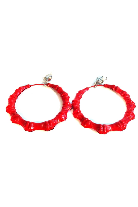 Clip-on Earrings Red Bamboo Hoop Earrings 3 inch Red Large Hoops