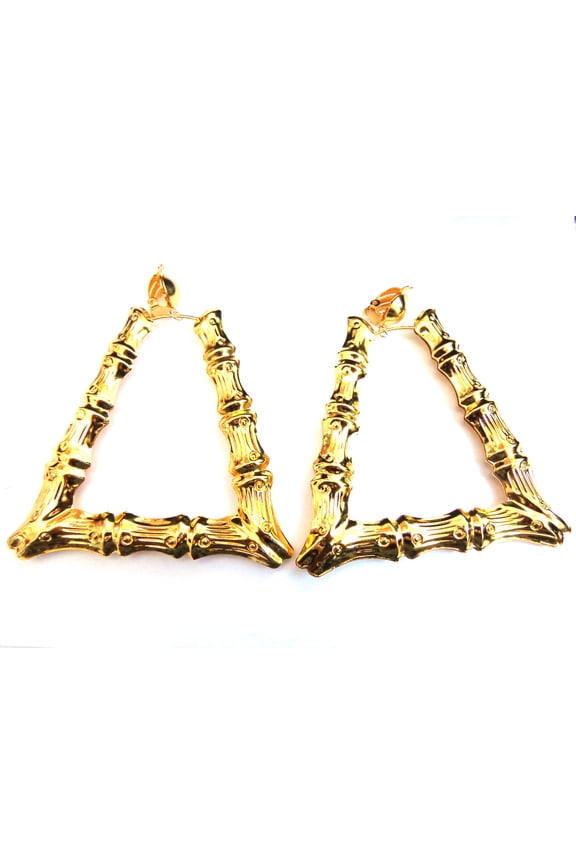 Clip-on Earrings Retro Bamboo Trapezoid Triangle Hoop Earrings Gold Tone 3.75 inch
