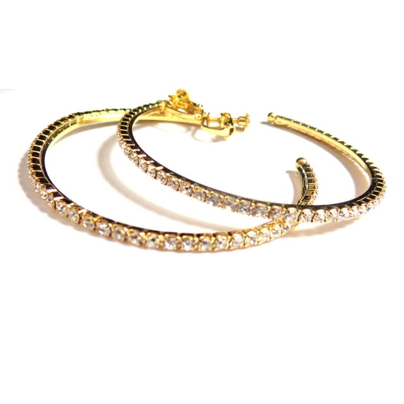 Clip-on Earrings Rhinestone Hoop Crystal Earrings Gold Tone 2 inch Non Pierced