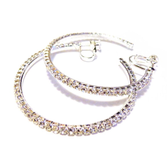 Clip-on Earrings Rhinestone Hoop Crystal Earrings Silver Tone 2 inch Non Pierced