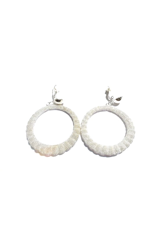 Clip-on Earrings Round Circle Hoop Mesh Metal Silver Tone 2.75 inch