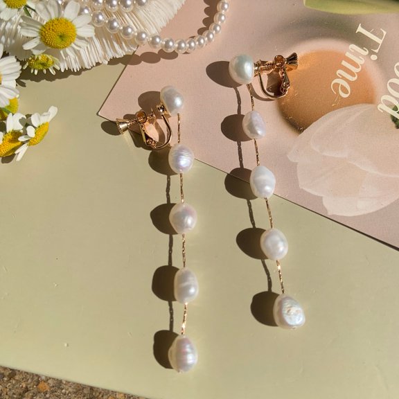 [Clip on] Freshwater Cultured Pearl Linear Drop Clip On Earrings