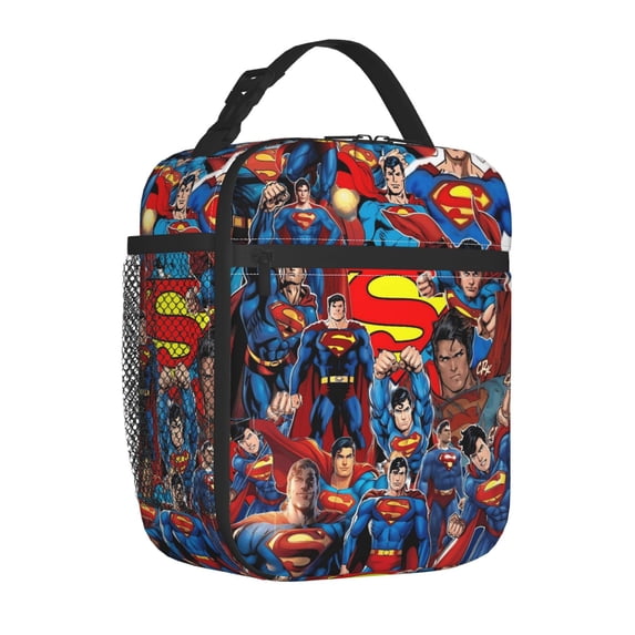Clip-on Handle Insulated Lunch Bag for Men and Women, Man of Tomorrow Reusable Thermal Tote with Side Mesh Pocket