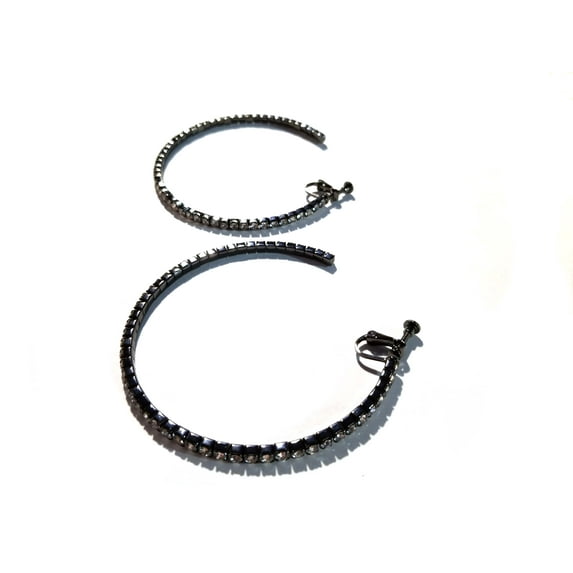 Clip-on Hoop Earrings Black Hoop Clear Rhinestone 3 inch Large