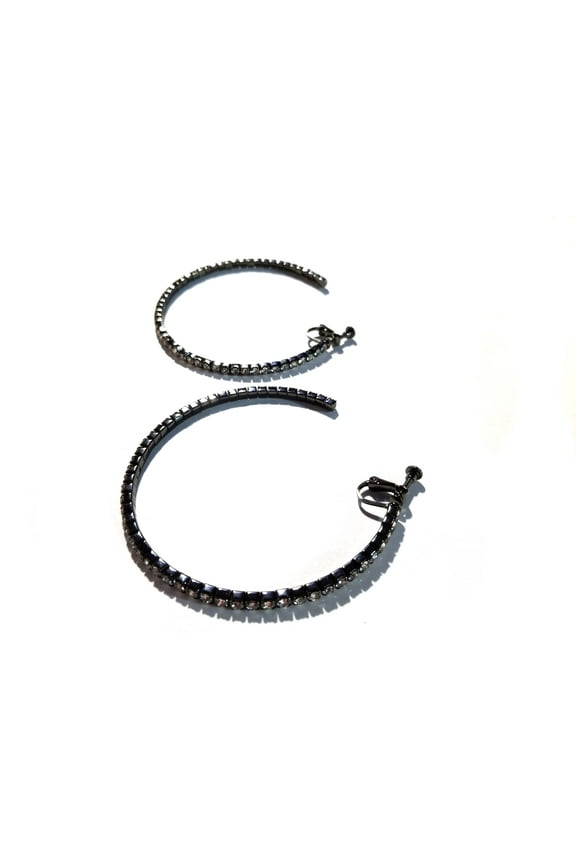 Clip-on Hoop Earrings Black Hoop Clear Rhinestone 3 inch Large