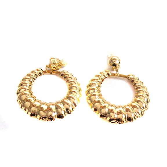 Clip-on Hoop Earrings Bubble Retro Puffy Gold Tone Hoop Earrings 2.25 inch
