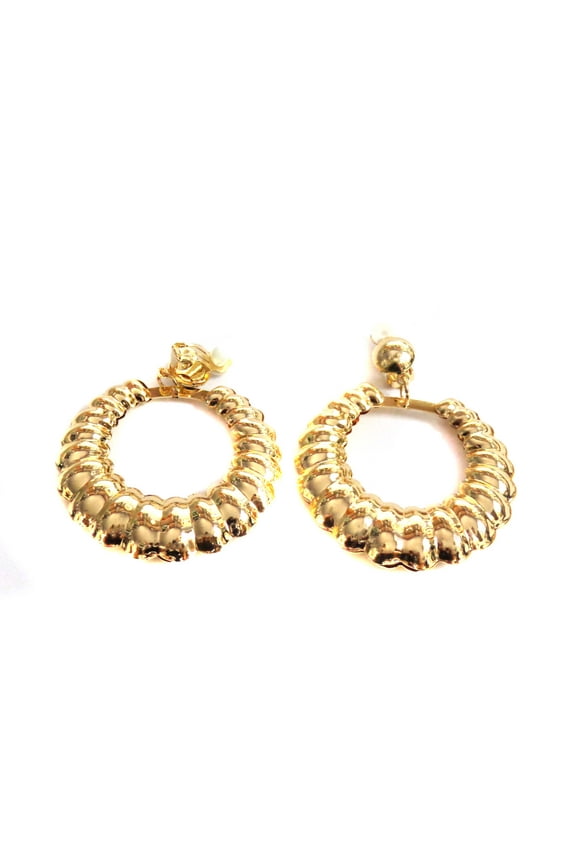 Clip-on Hoop Earrings Bubble Retro Puffy Gold Tone Hoop Earrings 2.25 inch
