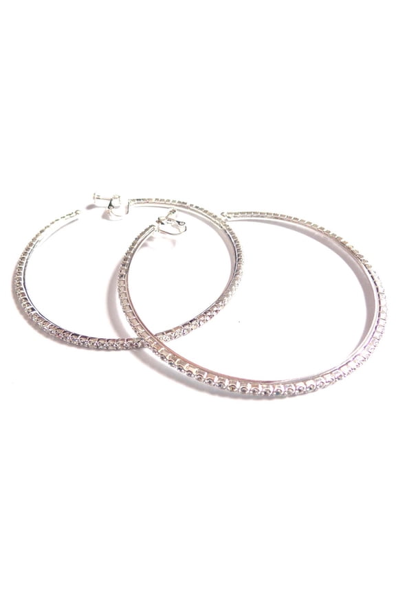 Clip-on Hoop Earrings Large 4 inch Silver Tone Hoop Earrings Crystal Hoops