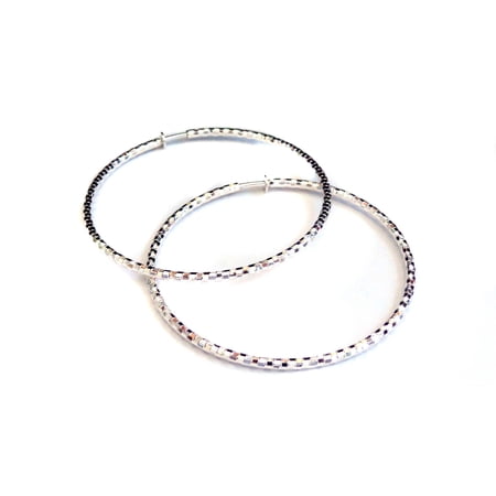 Clip-on Hoop Earrings Round Circle Silver Textured Pipe Hoop Earrings 3 inch Non Pierced
