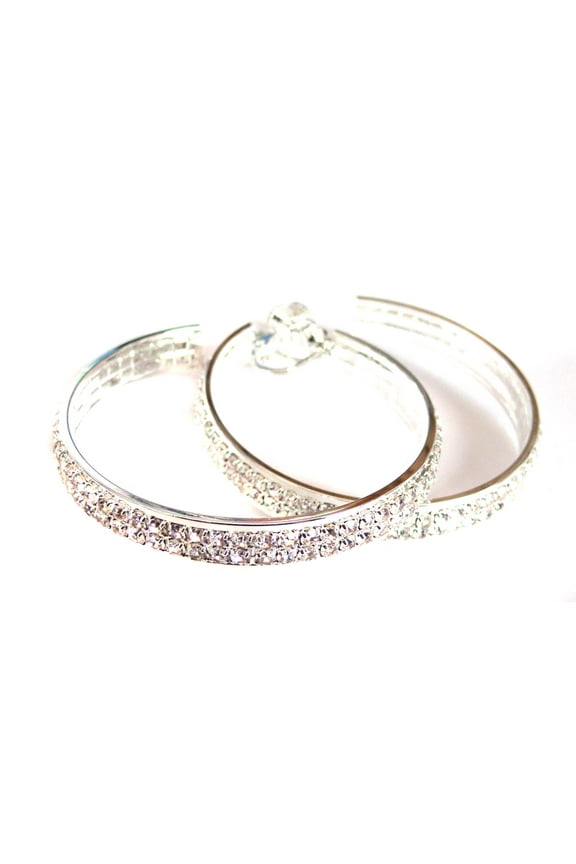 Clip-on Hoop Earrings Silver Tone Double Rhinestone Crystal 2 inch Hoops