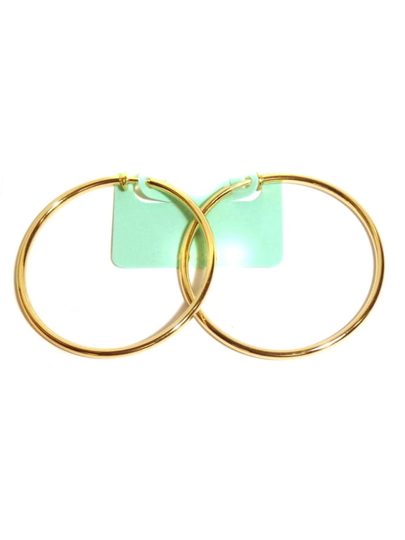 Clip-on Hoop Earrings Solid Shiny Gold Plated 2.25 inch Hypo-Allergenic Earrings