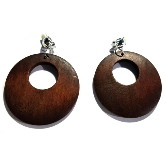 Clip-on Hoop Earrings Wood Dark Brown Open Hoop Earrings 2.5 inch Not Pierced