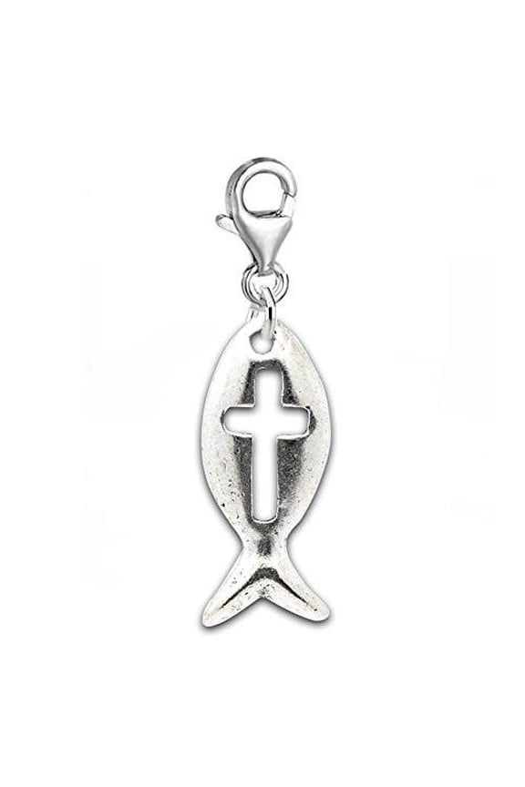 Clip-on Jesus Fish Charm Pendant for European Charm Jewelry w/ Lobster Clasp